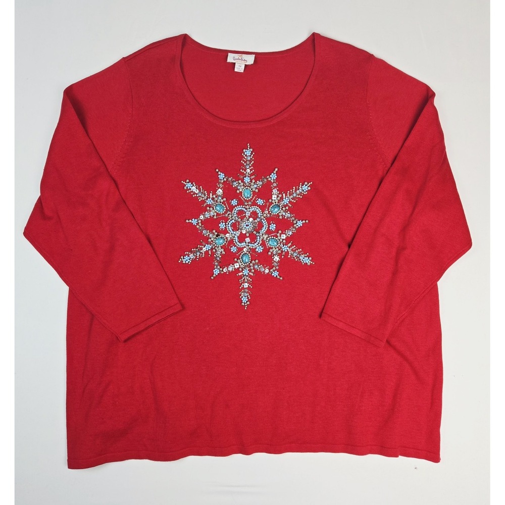 Womens Quacker Factory shirt sz 3X red snowflake sweater turquoise beaded